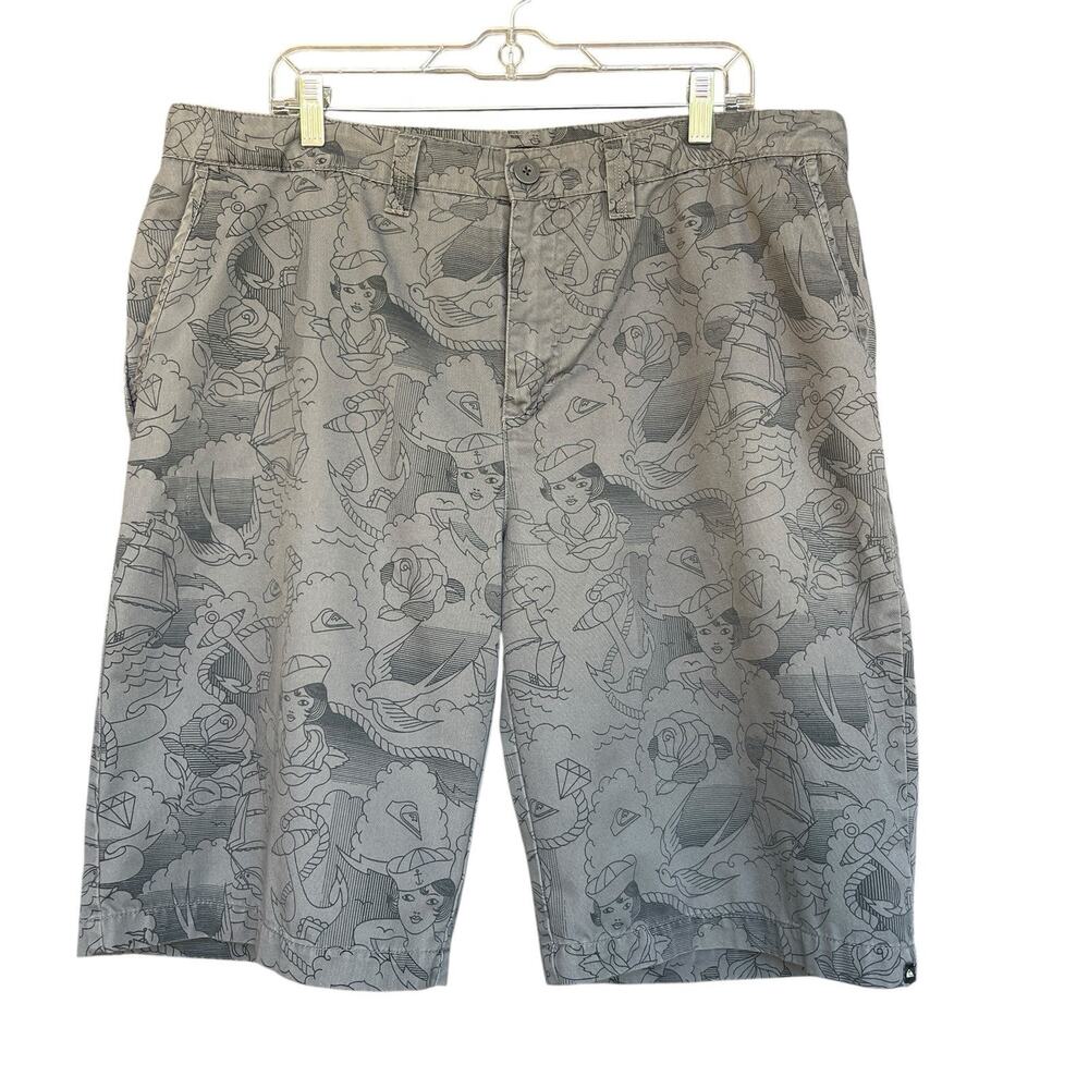 Quiksilver Shorts Mens 40 Sailor Nautical Gray Flat Front Casual Anchor Roses